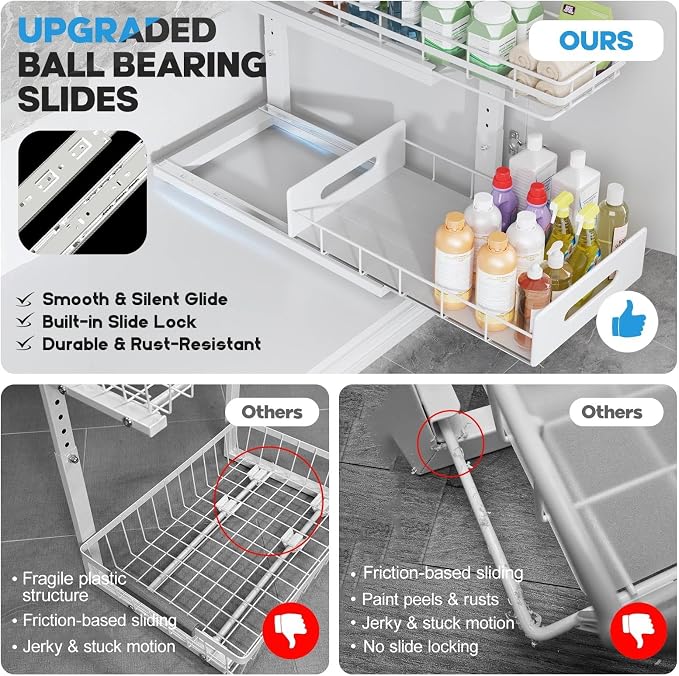 Under Sink Organizer Upgrade To Professional Rails,2-Tier Dual Pull Out Cabinet Storage,Height Adjustable Slide Out Drawers For Bathroom Kitchen,2 Pack-16.7"Dx12.8"-16.9"H,White - Image 3