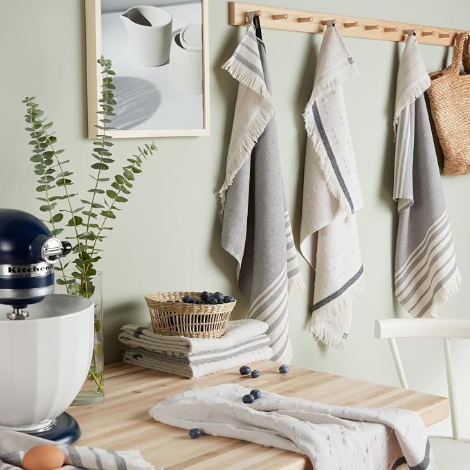 KitchenAid Vintage Stripe Kitchen Towels 8-Pack, Absorbent 100% Woven Cotton, Matte Black/Ivory, 17”x28” - Image 2