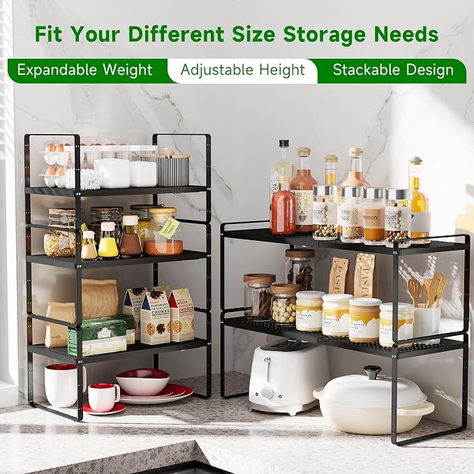 Expandable Kitchen Storage Shelves, 16.5"-27" L x 10.2" W | Stackable, Heavy Duty 80 lbs, for Kitchen Pantry, Countertop, Office, Spice Rack - Black, Large Size, 2Pack - Image 3