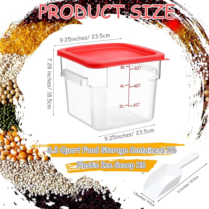 Hsei 6 Set 6 Quart Food Storage Containers with Lids & 6 Pcs Plastic Ice Scoop Square Commercial Containers with Scale for Kitchen Restaurant Freezer Cereal Rice Storage(Red) - Image 2