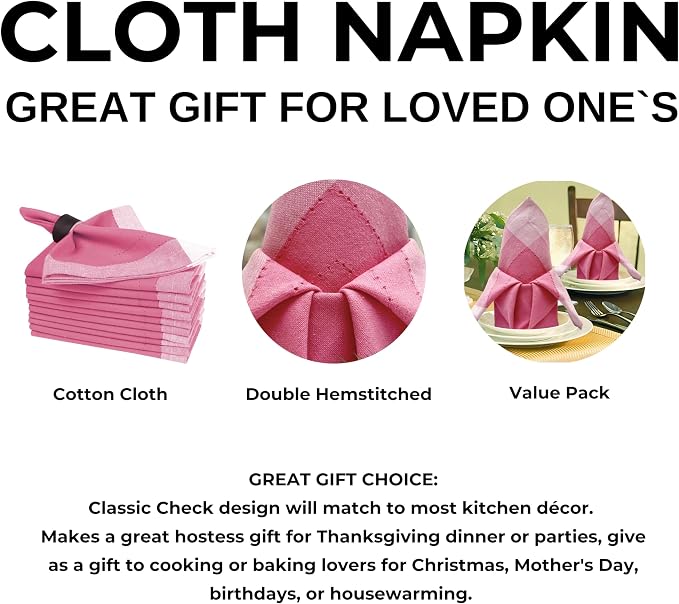 Bedding Craft Cotton Cloth Dinner Napkins Set of 12 – 20x20 Pink Multi Double Hemstitched – Machine Washable Fabric Napkins for Weddings, Parties & Dining Tables - Image 5