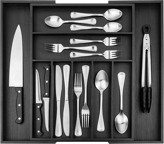 Purawood Bamboo Drawer Organizer - Expandable Silverware Organizer & Utensil Organizer, Cutlery Tray with Dividers, 7-9 Slots - Premium Kitchen Drawer Organizer for Utensils & Flatware (Black) by PURAWOOD