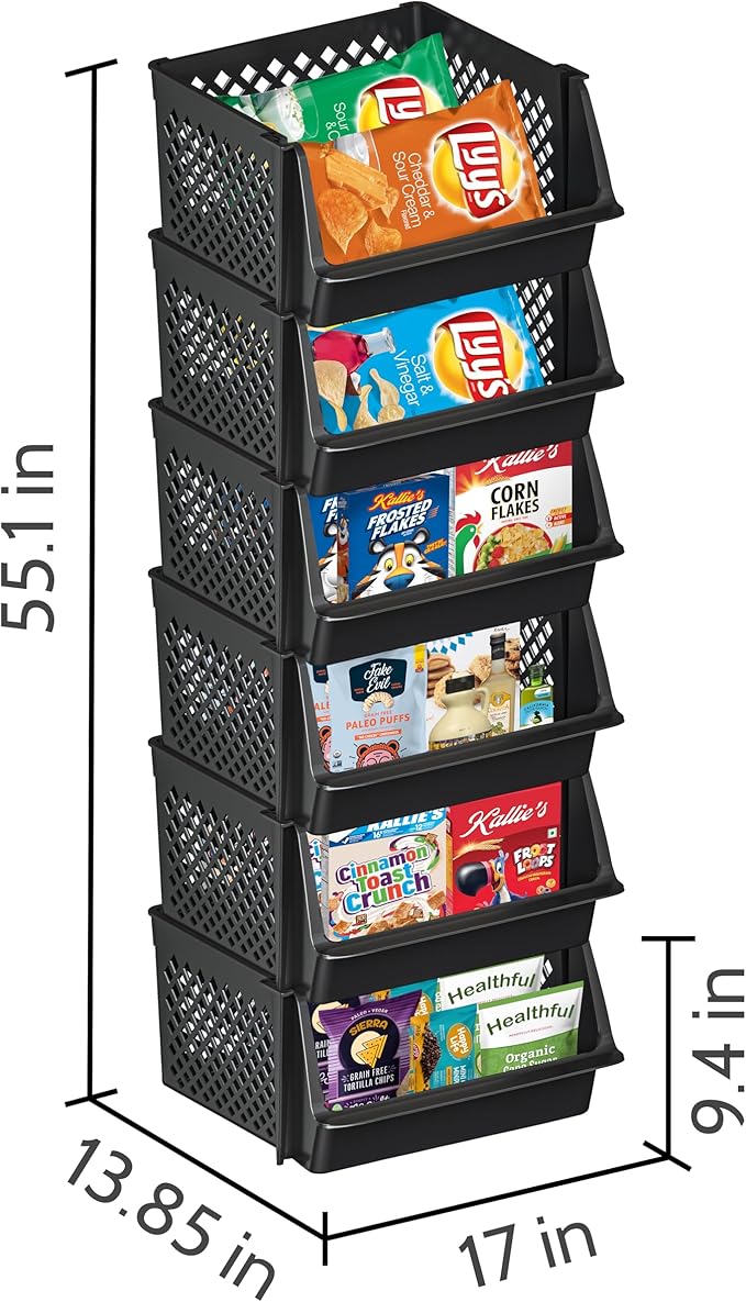 Large Stackable Storage Bins Open Front for Pantry Storage, 6 Pack - Black | Sturdy Plastic, Easy Stacking, Open Front Access, Ventilated Sides, Vertical & Space Saving Pantry Organizers and Storage Bin - Image 2