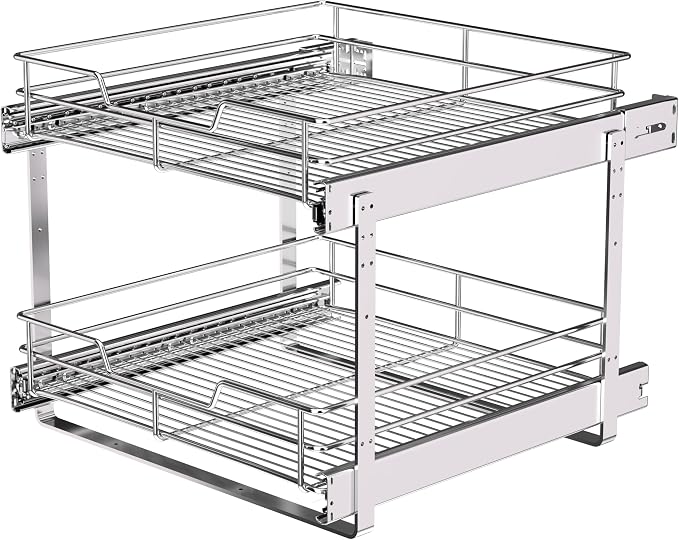 2-Tier Pull Out Cabinet Organizer, 17" W x 22" D, Chrome | Heavy-Gauge Wire Sliding Shelves , 100 lbs Capacity, Ball-Bearing Glides, Min 18" Opening, For Pots & Bakeware Storage by JOWBOOW