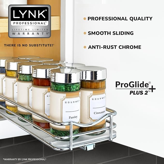 LYNK PROFESSIONAL® Pull Out Spice Organization for Cabinets - 4-3/8 inch Wide – Spice Rack for Inside Cabinets, Slide Out Spice Rack Organizer for cabinet – Pull Out Spice Rack, Sliding 1 Tier Chrome - Image 2