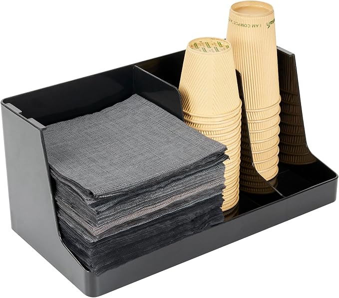 Restaurantware Restpresso Coffee Bar Organizer, 1 Count Durable 3 Compartments, Compact Size, Black Plastic Tabletop Coffee Supplies Organizer For Homes, Office Spaces, Breakrooms, and Lounges by Restaurantware