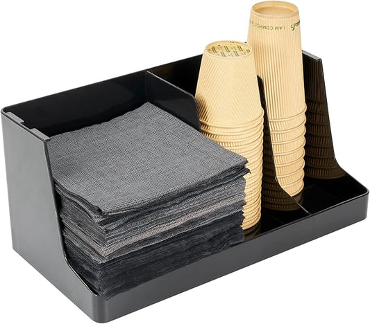 Restaurantware Restpresso Coffee Bar Organizer, 1 Count Durable 3 Compartments, Compact Size, Black Plastic Tabletop Coffee Supplies Organizer For Homes, Office Spaces, Breakrooms, and Lounges by Restaurantware