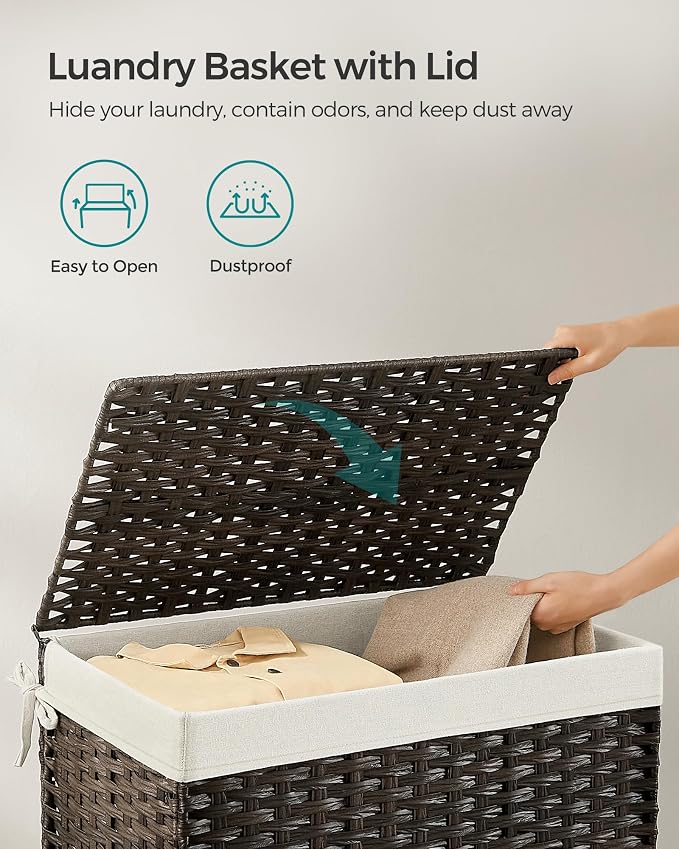 SONGMICS Storage Basket with Lid, Woven Blanket Storage Bin with Handles, Foldable, Removable Liner, Metal Frame, for Bedroom, Laundry Room, 27.7 Gallons (105 L), Brown URST066K01 - Image 5
