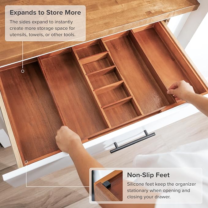 Utensil & Junk Drawer Organizer, 18.5-33 in, Acacia | Food-safe contract grade, 100% sustainable wood, non-slip, adjustable - Image 6