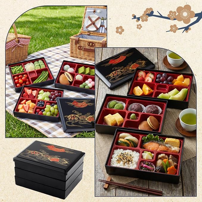 Teenyyou 1 Pcs Three -Tier Japanese Lunch Bento Box 10.6 x 8.3 x 6.1 Inch Japanese Stackable Lunch Box Divided Bento Container with Greaseproof Gift for Sushi Meal Snack Home Restaurant - Image 5