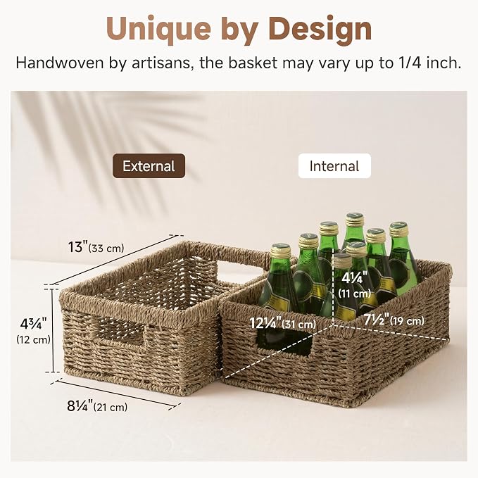 StorageWorks Wicker Baskets for Organizing,Seagrass Baskets for Decor,2Pack | Rectangle Wicker Baskets for Organizing, Wicker Storage Baskets for Shelves, Decorative Baskets,Seagrass Baskets with Handles - Image 3