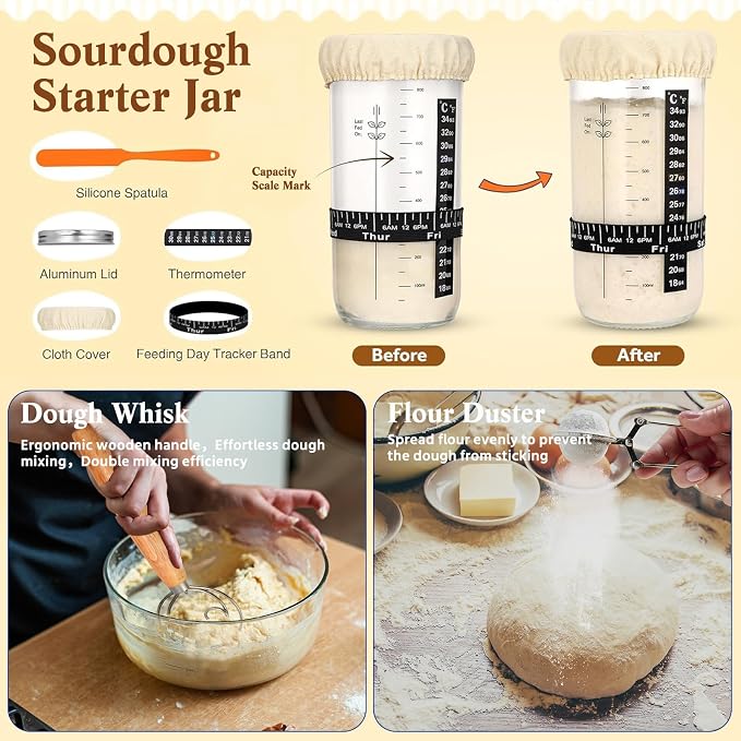 Sourdough Bread Baking Supplies, 33 PCS Sourdough Starter Kit, Sour Dough Kit Tools, Bread Making Tools Kits Includes Bread Lame, Dough Scraper, Glass Jar, Sourdough Kit Gift for Bakers,Women Wife Mom - Image 5