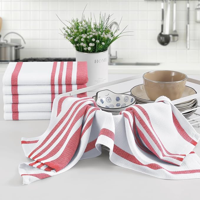 Homaxy Premium Cotton Stripe Kitchen Towels 8 Pack, 18"x 28", Red | Large 380 GSM Kitchen Hand Towels, Soft Terry Dish Towels, Highly Absorbent Tea Towel Set with Hanging Loop - Image 5