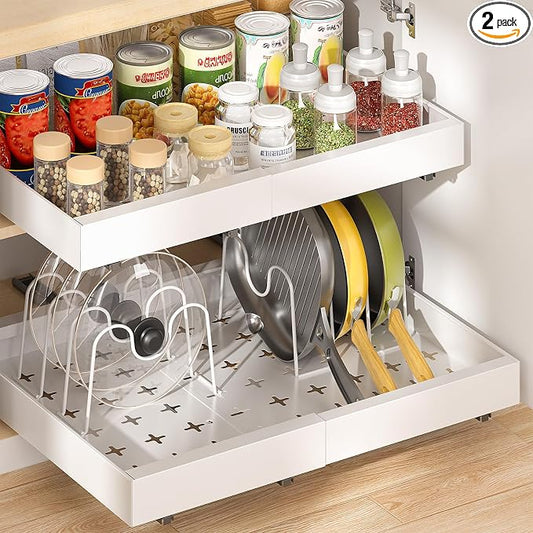 Delamu 16" Deep Pull Out Cabinet Organizer with 6 Dividers, Expandable (11.7 "-20" W) Pull Out Drawers for Cabinets, Cabinet Trays Pull Out for Cabinets in Kitchen, Pantry or Bathroom, White, 2 Pack by DELAMU