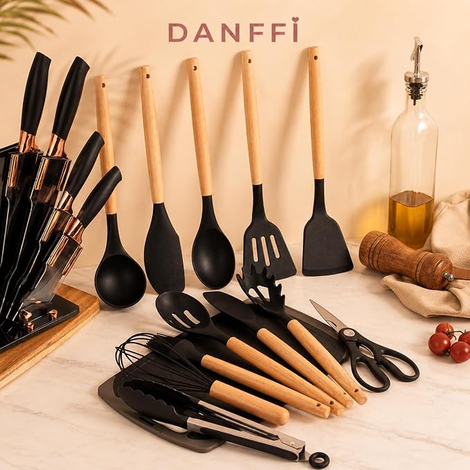 19-Piece Black Kitchen Utensils Set with Knife Set & Cutting Board - Silicone Cooking Utensils with Wooden Handles, Rose Gold Accents, Scissors, Whisk & Tongs - BPA-Free Modern Black Kitchen Gift Set - Image 8