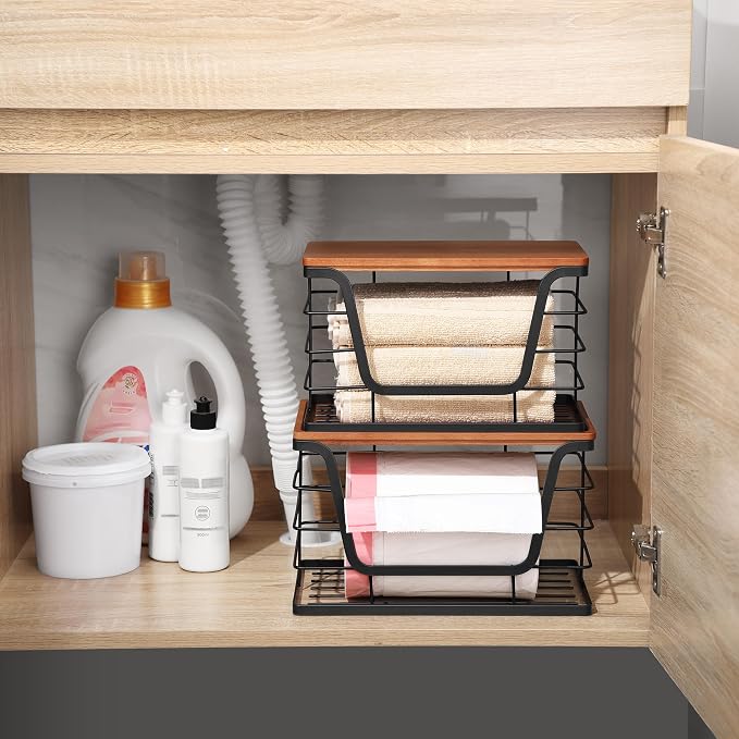 ALOCEO 2 Pack Stackable Storage Bins with Lids, Stainless Steel Extra Large Trash Bag Dispenser Roll Holder for Kitchen Sink, Laundry, Pantry Organizer and Storage, Walnut Black - Image 6
