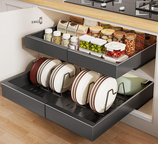 Seinloes 2 Pack Pull out Cabinet Organizer 21"Deep With Raising Pad for Framed Cabinets, Expandable Slide out Drawers for Kitchen Cabinets with 4pcs Divider Racks, Roll out Shelves 12.1"-20.4" W Black by Seinloes