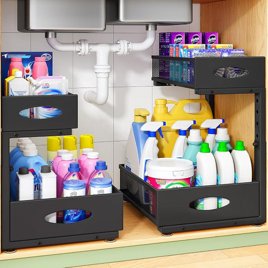 Under Sink Organizer, 1-Pack Pull Out Cabinet Organizer 2 Tier Metal Slide Out Storage Shelf Rack, L-Shaped Adjustable Height,Mesh Sliding Drawer for Kitchen, Bathroom, Laundry, Pantry, Black, XL by Kitstorack