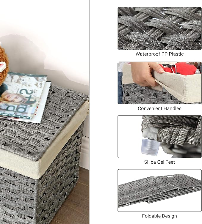 SONGMICS Storage Basket with Lid, Woven Blanket Storage Bin with Handles, Foldable, Removable Liner, Metal Frame, for Bedroom, Laundry Room, 17.2 Gallons (65 L), Gray URST56WG - Image 4