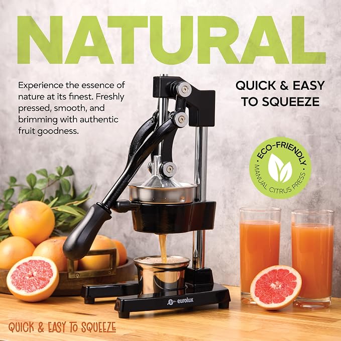 Eurolux Ultra-Premium Cast Iron Juicer | Extra-Large, Heavy Duty, Commercial Grade, Stainless Steel Manual Hand Press Citrus Squeezer For Fresh Orange Juice, Pomegranate, Lemon, and Much More (Black) - Image 2