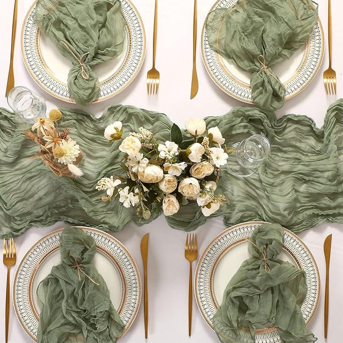 4 Cheesecloth Table Runners and 48 Napkins Set, 10Ft Boho Cheese Cloth Table Runners 20 x 20 Inch Rustic Wrinkled Gauze Napkins for Wedding Birthday Baby Shower Party Decor (Sage Green) - Image 4