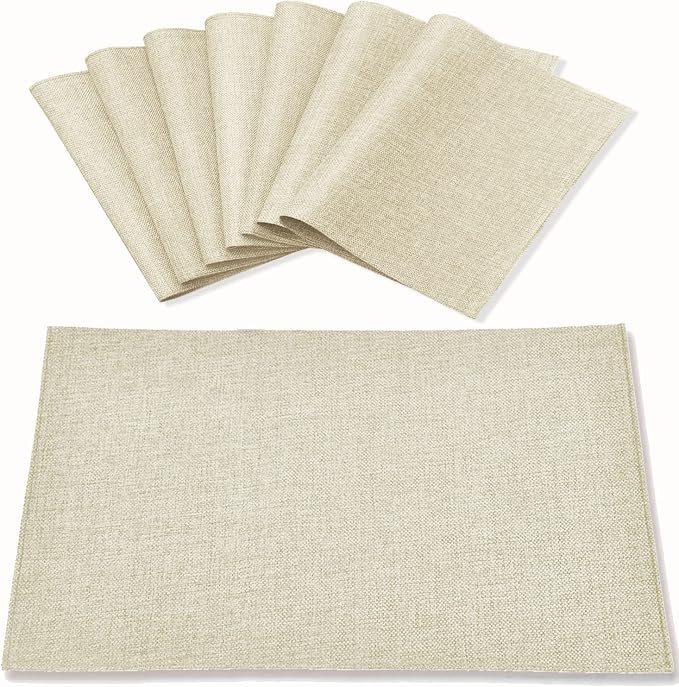 Cloth Placemats Set of 8, Linen Type Fabric Placemats Machine Washable Heat Resistant Placemats Wrinkle Free Thick Polyester Kitchen Place Mats for Dining Table (Beige) by Rinpon