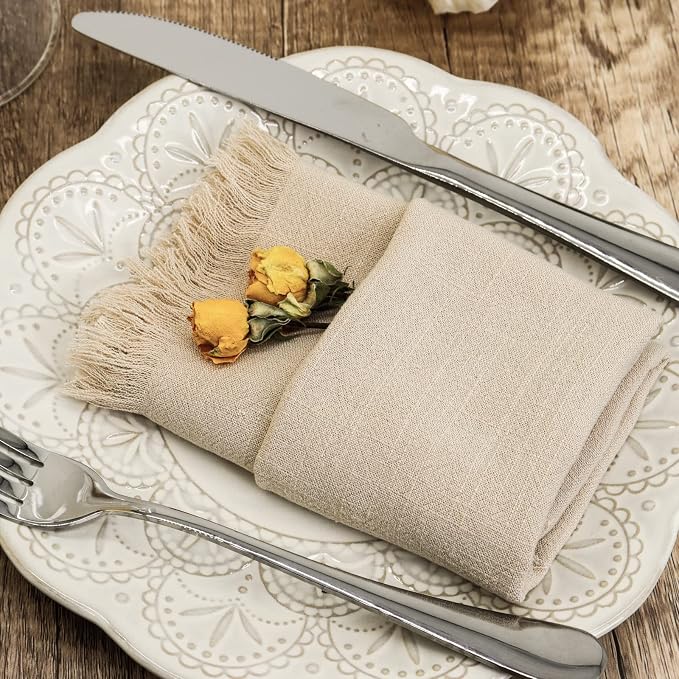 Handmade Cloth Napkins with Fringe,18 x 18 Inches Cotton Linen Napkins Set of 12 Versatile Handmade Square Rustic Fringe Napkins for Dinner, Wedding and Parties, Beige - Image 3