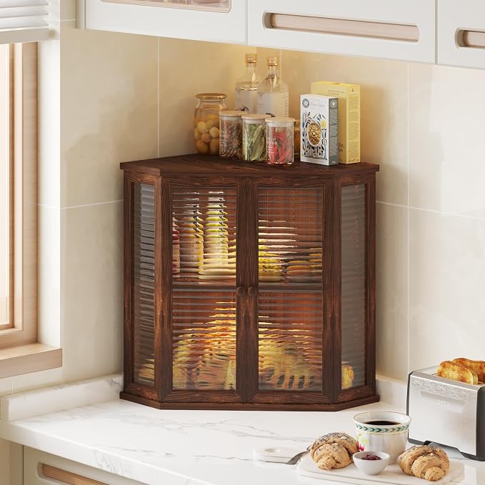 Corner bread box Bread Box for Kitchen Countertop - Corner Bread Storage Box 16.5" H, Premium Wood with Glass Door, Perfect for Homemade Bread, (Pine wood) - Image 7
