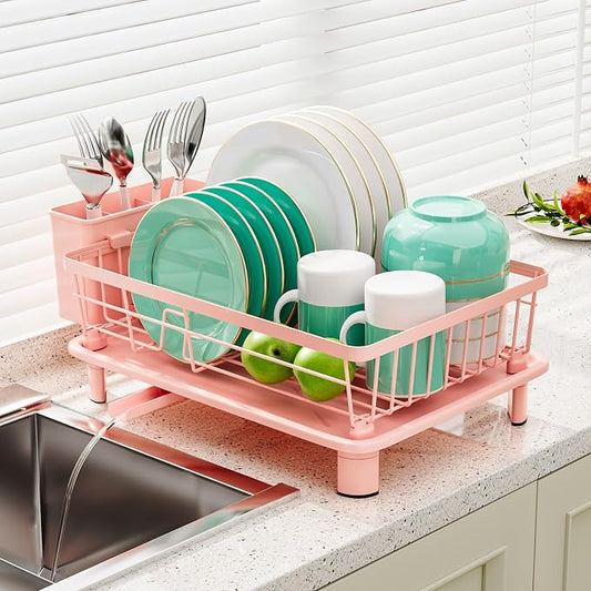Dish Drying Rack, Stainless Steel-Dish Rack, Dish Racks for Kitchen Counter, Kitchen Dish Drainers with Removable Utensil Holder,New Drain Outlet,Plate Rack and Drainboard,(Pink-11 W x 15" L) by GAOKASE