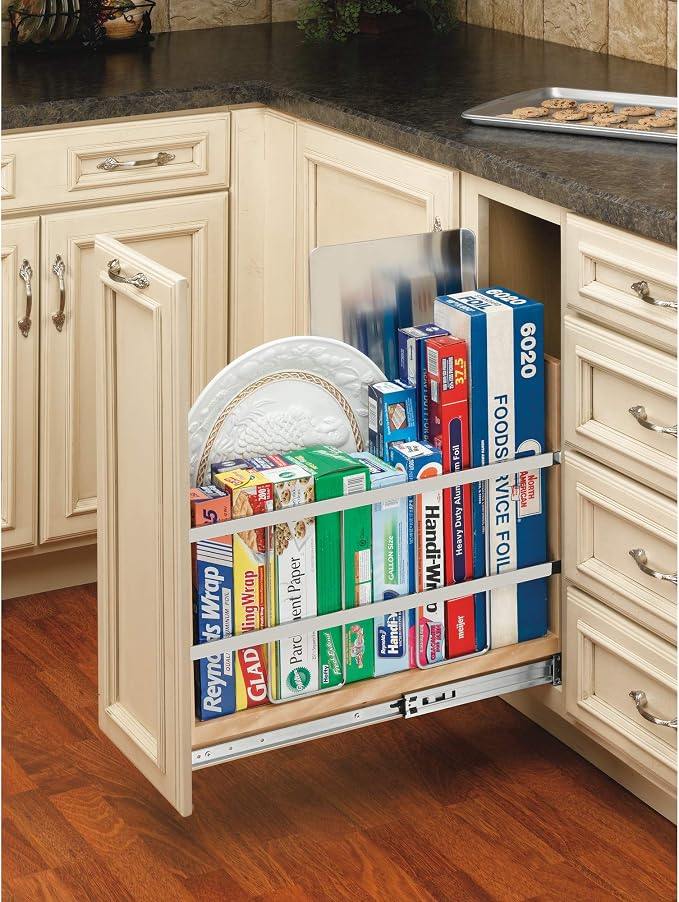 Rev-A-Shelf Pullout Bakeware Organizer w/Soft-Close, Min Opening 8.5" Wide | Wooden Storage Organization w/ Ball Bearing Slides, Full Height Base Kitchen Cabinets, Foil Wrap/Tray Divider, 447-BCBBSC-8C - Image 4