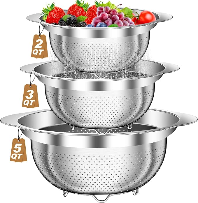 Colander, Stainless Steel Colander for Kitchen, 3Pcs Kitchen Gadget Food Strainer Basket with Handle, Kitchen Strainer Colanders Bowl for Pasta Noodles Spaghetti Vegetables Fruit (2QT, 3QT, 5QT) by AUFETQ