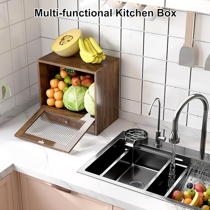 Alpeir Wooden Bread Box for Kitchen Countertop, Large Capacity with Ventilation Holes Adjustable Tiered-Shelf, Vintage Farmhouse Breadbox with Drawer & Window, Longer Freshness, Retro Brown - Image 8