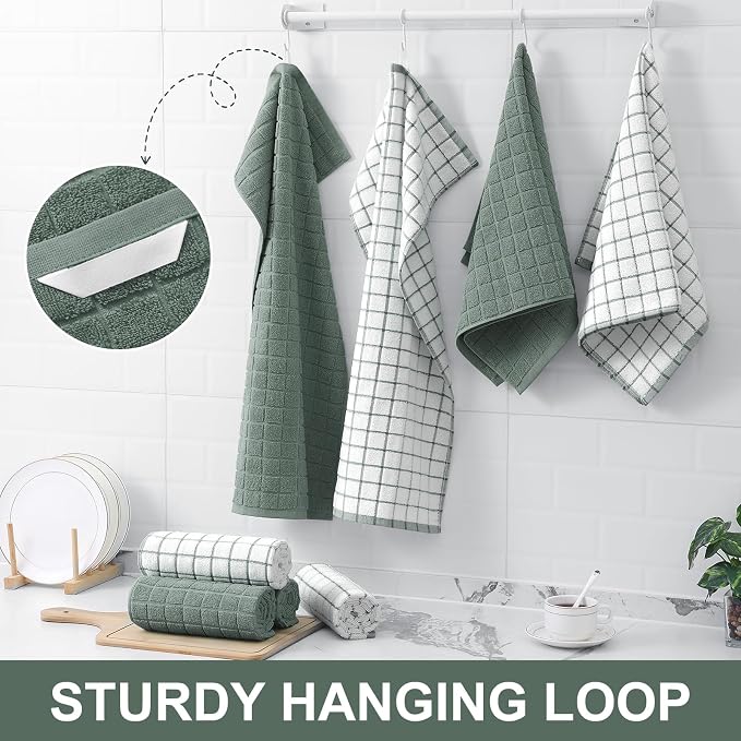 Homaxy Large Premium Cotton Kitchen Towels 16"x 28", 6 Pack, Sage Green | Natural Ring Spun 390 GSM Dish Towels, Super Absorbent Terry Kitchen Hand Towels, Soft Tea Towels with Hanging Loop - Image 6