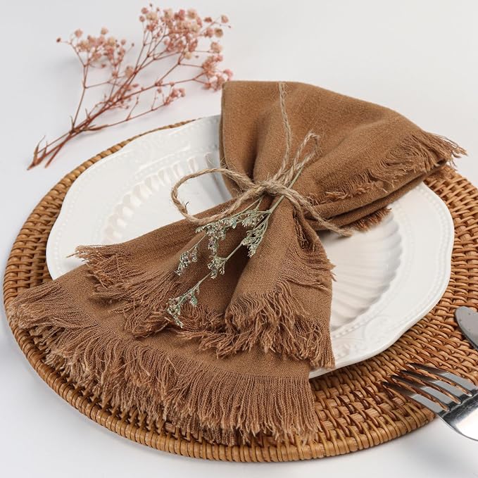 Handmade Cloth Napkins with Fringe,18 x 18 Inches Cotton Linen Napkins Set of 6 Versatile Handmade Square Rustic Fringe Napkins for Dinner, Wedding and Parties, Taupe - Image 2