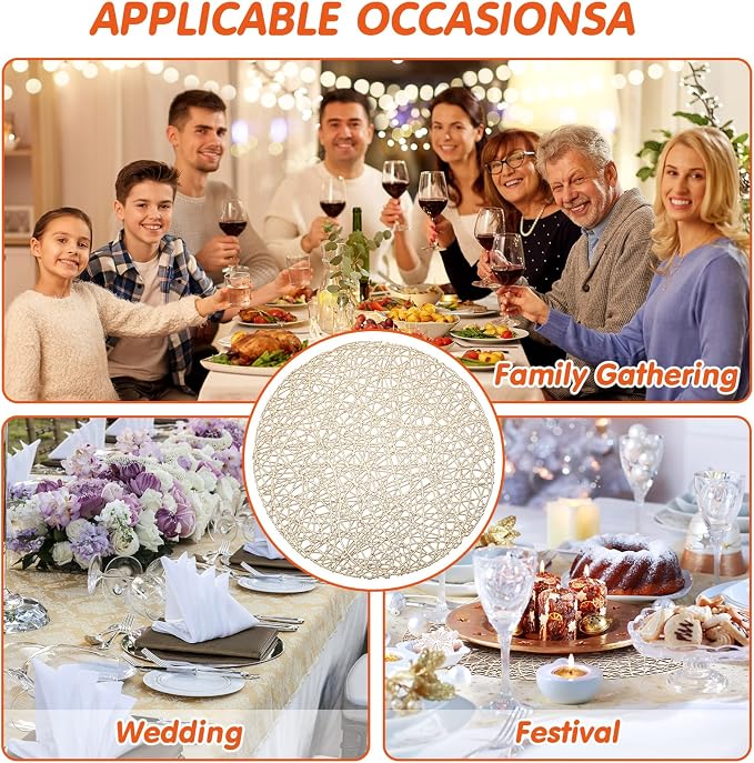 Sieral 24 Packs Gold Round Placemats 15 Inch Hollow Out Pressed Vinyl Place Mats Heat Resistant Woven Gold Placemats for Christmas Dinner Table Winter Holiday Party Wedding Centerpiece Decoration - Image 7