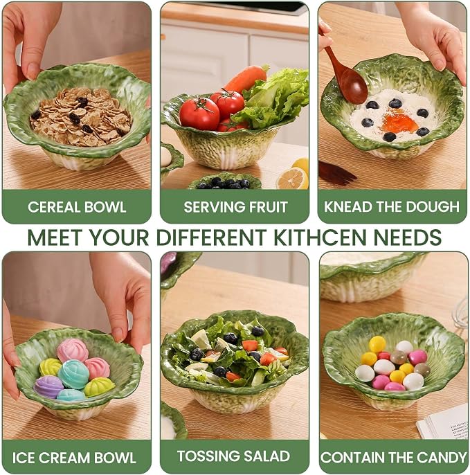 KXZ Green Cabbage Serving Bowl Set of 3 for Kitchen - Extra Large 60oz, 16oz, 5oz Nesting Mixing Bowls, Porcelain Dishes for Salad, Entertaining, Fruit, Vintage, Decorative, Ceramic Pho Soup Tureen - Image 4
