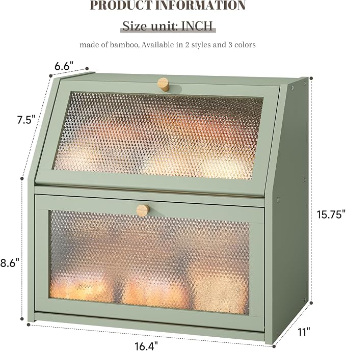 STDDRE Bread Box for Kitchen Countertop Bin Double Layer Bread Box Storage Container Extra Large Capacity Farmhouse with Diamond Pattern Windows (Green, Extra Large) - Image 7