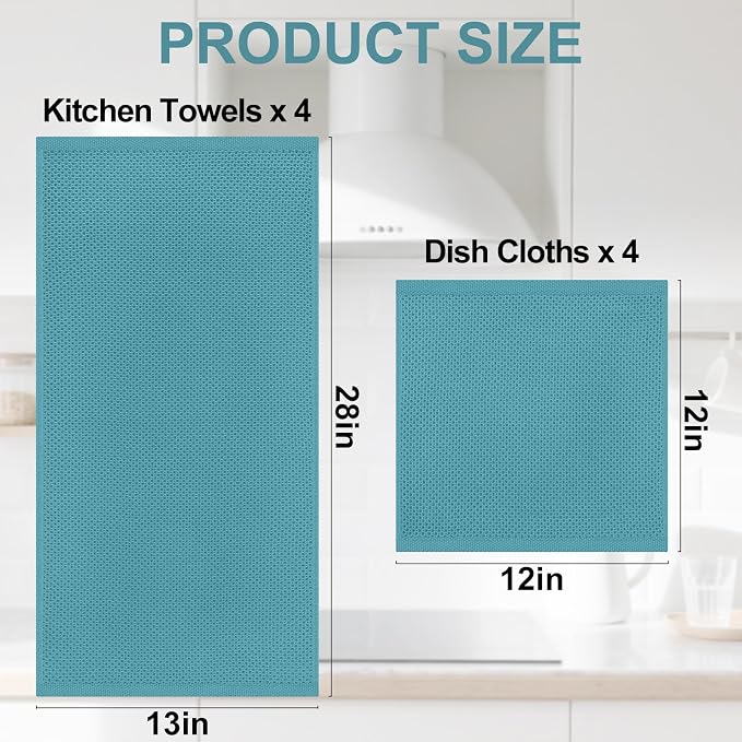 Homaxy 8 Pack 100% Cotton Kitchen Towels and Dishcloths Set, Lake Blue | 12 x 12 Inches and 13 x 28 Inches Kitchen Towels Set, Ultra Soft Absorbent Dish Cloths for Washing Dishes - Image 4