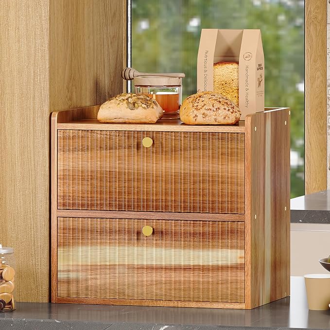 Trironsun Acacia Bread Box for Kitchen Countertop Wood Bread Storage Container Bin Double Layer BreadBox Farmhouse Large Capacity Food Organizer (Acacia Wood) - Image 3