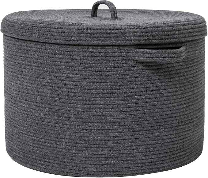 20x15 Inch Extra Large Round Cotton Rope Storage Basket with Lid, Decorative Woven Bin with Cover for Living Room Bedroom Closet, Dark Grey by Cottonphant
