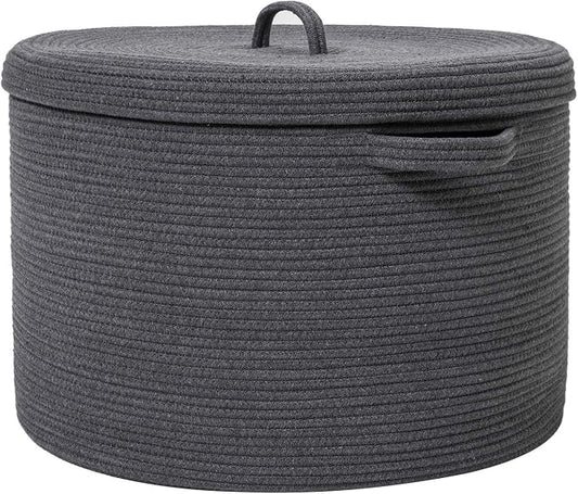 20x15 Inch Extra Large Round Cotton Rope Storage Basket with Lid, Decorative Woven Bin with Cover for Living Room Bedroom Closet, Dark Grey by Cottonphant