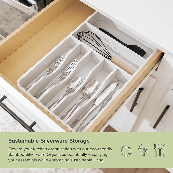 Silverware & Utensil Organizer, Fixed 10.5 in, White | Cutlery, flatware holder, rounded corners, 7 compartments, non-slip feet, kitchen drawers - Image 5