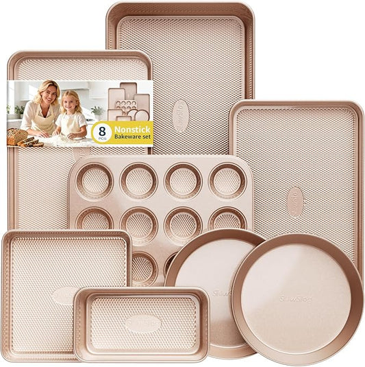 Baking Pans Set 8-Piece Bakeware Sets, Baking Sets for Nonstick Pan Set | Cooking Nonstick Oven Pan Set, Baking Sheet Set, Cookie Sheets for Baking, Muffin Pan, Cookie Sheets (Ceramic Coated Gold) by SlowSLog