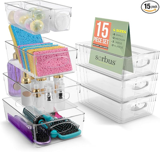 Sorbus Clear Plastic Storage Bins for Organizing, 15 Pack Clear Organizer Bins with Handles, Plastic Storage Bins for Closet, Pantry, Fridge, Medicine Cabinet Organizer, Shelves, Freezer, Drawer by Sorbus
