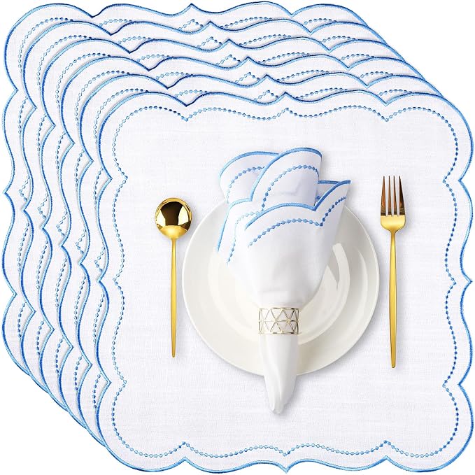Hahafelt 6 Set Cloth Napkins 18x18inches Scalloped Embroidery Cloth Napkins Washable Polyester Table Dinner for Hotel Restaurant Weddings Events Parties (Blue) by Hahafelt