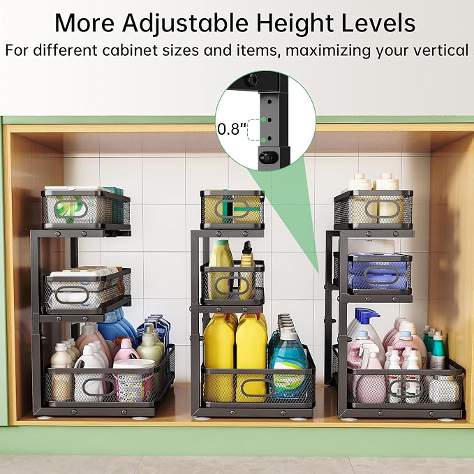 3-Tier Under Sink Organizer, Pull Out Cabinet Organizer for Kitchen & Bath | Height Adjustable, Heavy Duty Carbon Steel Holds 60 lbs, Rust-Proof Fits Kitchen Cabinet, Bathroom, Pantry & Laundry - Image 6
