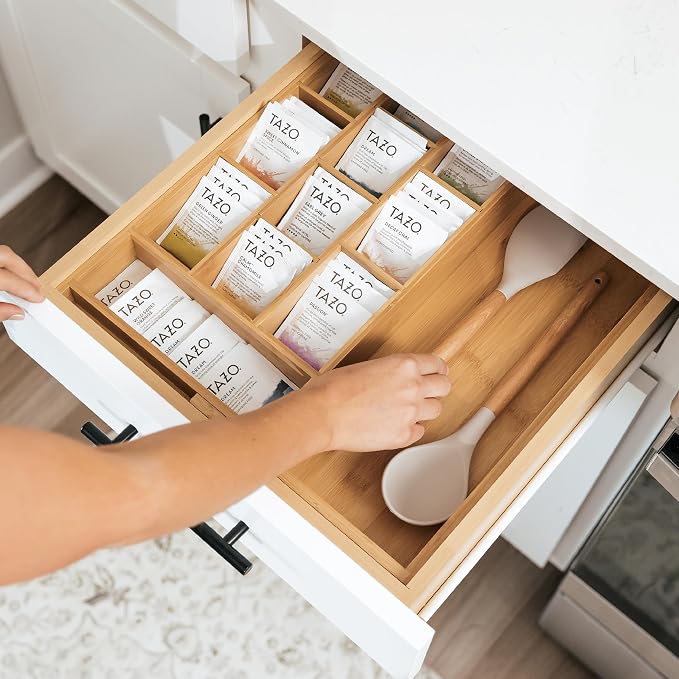 Tea Bag & Coffee Pod Organizer, 9.7-17 in, Bamboo | 10 storage compartments, adjustable wall inserts, non-slip feet, food-safe - Image 7