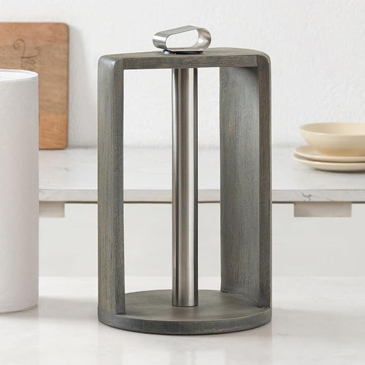 Anji Mountain Wooden Paper Towel Holder with Metal Holder, Holder Stand for Kitchen Roll Organizer & Kitchen Dining Table Home Décor, Countertop Fits Jumbo & Mega Rolls - Greige/Nickel, Top Load by AnjiMountain