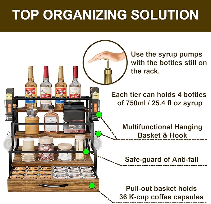 Coffee Syrup Organizer Rack, 4-Tier Stand with K-Cup Drawer & Side Hooks | All In One Holds 12 Syrup Bottles , 36 K-Cups Pump Use On-Shelf for Home Kitchen Pull-Out Drawer Side Basket For Mugs/Stirrer - Image 4