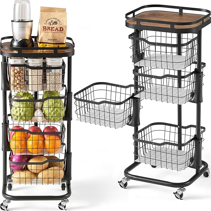 4 Tier Rotating Kitchen Storage Cart, Fruit Vegetable Potato Rack Stand | Patented Swivel Part Spin Smoothly Even Full. Rustproof. One-Piece Wire Bin Prevent Sagging. Keep Onion, Veggie, Spices Fresh by OcyfymHome